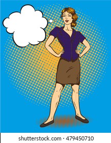 Woman standing in confident position retro comic pop art vector illustration. Speech bubble.