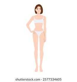 Woman standing confidently in a white undergarment set, body positivity and natural beauty. Flat vector illustration isolated on white background