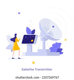 Woman standing at control panel and parabolic antenna. Concept of satellite dish or transmitter to receive or transmit signal by radio waves. Modern flat vector illustration for poster, banner.