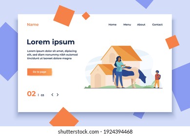 Woman standing with cow and boy going to her. Cattle, livestock, kid flat vector illustration. Rural animals and farm concept for banner, website design or landing web page
