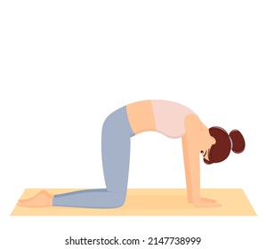 Woman standing in cow pose. Girl stretching back muscle, doing pilates and yoga exercises on mat. Healthy lifestyle. Workout, vector illustration