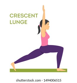 Woman standing in crescent lunge yoga pose. Female character doing stretch exercise, balance and strength. Isolated vector illustration in cartoon style