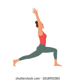 Woman standing in crescent lunge yoga pose. Female character doing stretch exercise, balance and strength. Isolated vector illustration in cartoon style