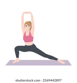 Woman standing in crescent lunge yoga pose doing stretch exercise. Flat vector Character Illustration