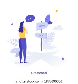 Woman standing at crossroad and looking at road guide post. Concept of finding right direction, way or route in business, making choice or decision. Modern flat vector illustration for banner.