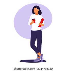 Woman standing with cup coffee and laptop. Office worker or remote job concept. Vector illustration. Flat.