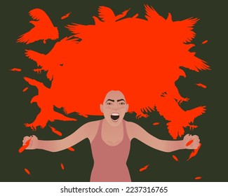 Frauen stehen mit toten Fäusten, fühlen sich wütend. Konzept von Wut und negativen Emotionen. Greifvögel als Symbol der Aggression. Vektorgrafik.