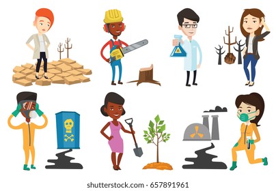 Woman standing in the desert. Frustrated woman standing on cracked earth in the desert. Climate change and global warming concept. Set of vector flat design illustrations isolated on white background.