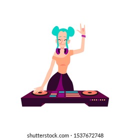 Woman standing at DJ console with rock sign gesture cartoon style, vector illustration isolated on white background. Girl with color hair playing music on mixing deck with sign of the horns