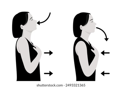 Woman standing and do breathing exercise for two part of breath in and breath out in flat vector illustration.