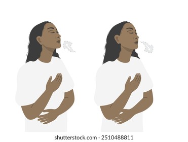 Woman standing and do breathing exercise for two part of breath in and breath out in flat vector illustration.	