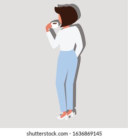 Woman standing and drinking coffee. Creative idea design. Flat vector illustration for template, brochure or web page.