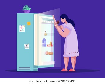 Woman standing and eating in front of opened fridge at night. Stress, bad unhealthy habbit, disorder. Late snack, cheat meal. Cartoon vector illustration. Dark background. Flat style.