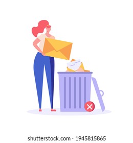 Woman standing with email or message and trash can. User deleting e-mail or spam to waste bin. Concept of delete files, cleaning email, remove spam. Flat vector illustration for UI and website