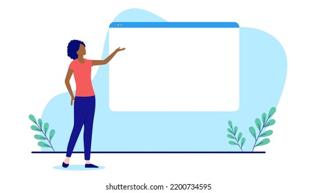 Woman standing with empty internet web browser, write your own text template. Flat design vector illustration with white background