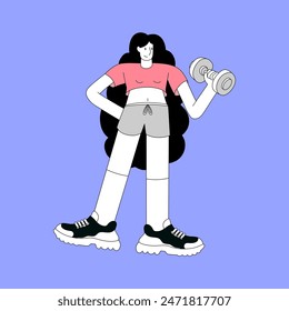 Woman standing and exercising with a dumbbell flat design