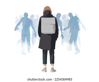 Woman standing facing a group of zombies. vector illustration.