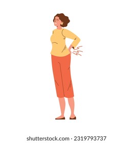 Woman standing and feeling back pain. Tired employee is upset and stressed. Good health concept. Vector illustration isolated on white background