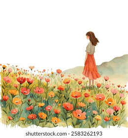 woman standing in a flowers fields vector illustration in watercolor style