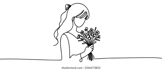 A woman standing with flowers in her hands. International Women's Day, March 8, Mother's Day