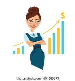 Woman is standing with folded arms on background of profit growth chart. Business character. Vector illustration