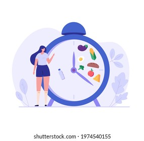 Woman standing food intake clock, diet food set. Concept of fasting, intermittent fasting, diet, diet plan, proper nutrition, dream figure, fitness, healthy food. Vector illustration in flat design