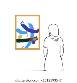 woman standing in front of abstract painting - one line art vector. concept visitor to a gallery or museum of abstract art. Handmade vector not AI