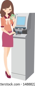 A woman standing in front of an ATM with a bankbook,Vector illustration