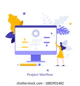 Woman standing in front of block scheme or flowchart displayed on computer screen. Concept of project workflow, work planning, business development strategy. Modern flat vector illustration for banner