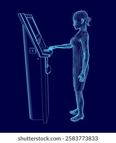 A woman is standing in front of a blue cash machine.