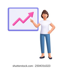 Mujer de pie delante de un tablero y presentando el gráfico de aumento de ingresos, señalando que se muestra a bordo. Gráfico arriba. Concepto de negocios y finanzas. Personaje de personas de Vector 3D. Estilo minimalista de dibujos animados.