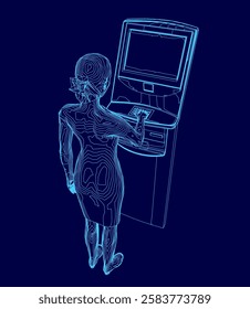 A woman is standing in front of a cash machine. She is touching the screen. The image is in blue