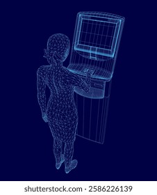 A woman is standing in front of a cash machine with a blue background. She is touching the cash machine