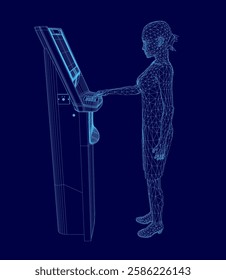 A woman is standing in front of a cash machine with a blue background. She is touching the cash machine