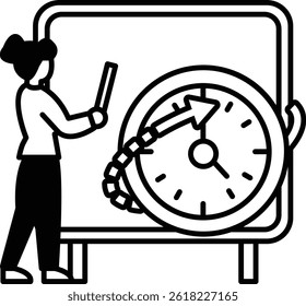 A woman is standing in front of a clock