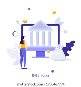 Woman standing in front of computer with bank building on screen. Concept of e-banking, online, internet or web application for electronic banking. Modern flat vector illustration for banner, poster.