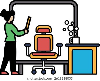 A woman is standing in front of a desk with a chair and a cup. She is holding a tablet and looking at it. Concept of productivity and focus, as the woman is likely working or studying