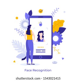 Woman standing in front of giant smartphone and trying to log in. Concept of Face ID technology, facial recognition system, biometric authentication, information protection. Flat vector illustration.