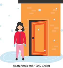 Woman Standing Front House Door Concept, girl enjoying snowfalling Vector Color Icon Design, Winter Season activity Scene Symbol, Wintertime Sign, Holiday Celebration in Snowy Park Stock Illustration