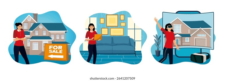 A woman standing in front of a house with a prominent For Sale sign. A woman standing in a modern living room holding a laptop. A woman uses VR Technology to explore a house through virtual reality.