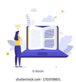 Woman standing in front of laptop computer and reading digital book on screen or display. Concept of e-book, electronic reader application, service or technology. Modern flat vector illustration.