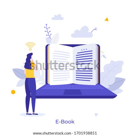 Woman standing in front of laptop computer and reading digital book on screen or display. Concept of e-book, electronic reader application, service or technology. Modern flat vector illustration.