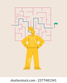 Woman standing in front of a maze with a solution to success. Colorful vector illustration