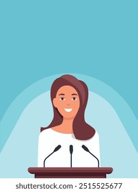 A woman is standing in front of a microphone, smiling and looking at the camera. Concept of confidence and professionalism, as if the woman is a speaker or presenter