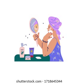 Woman standing in front of mirror and cleansing her skin. Everyday personal care, skincare daily routine, hygienic procedure. Flat cartoon colorful vector illustration.