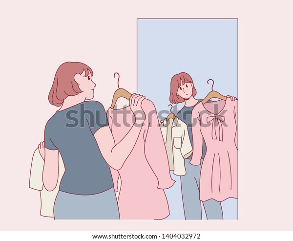 洋服屋の鏡の前に立って服を選ぶ女性 手描きのスタイルのベクター画像デザインイラスト のベクター画像素材 ロイヤリティフリー