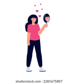 Una mujer parada frente a un espejo, mirando su propia reflexión, encarna la idea del amor propio. El concepto de egotismo se refleja en esta ilustración vectorial