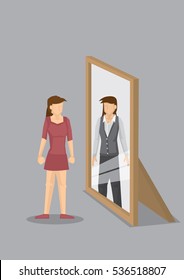 Woman standing in front of mirror and seeing herself as a professional in reflection. Creative vector cartoon vector illustration on self-perception concept isolated on grey background.