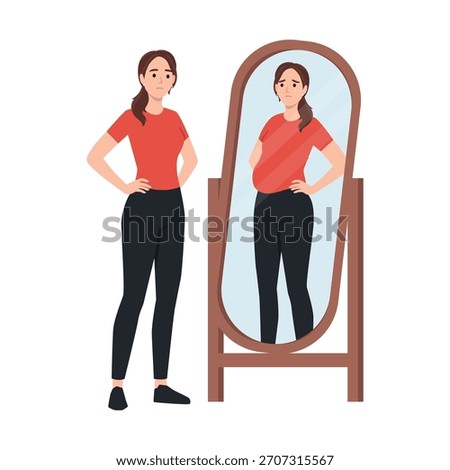 Woman standing in front of a mirror, seeing a distorted and larger reflection makes her concerned. Flat vector illustration isolated on white background