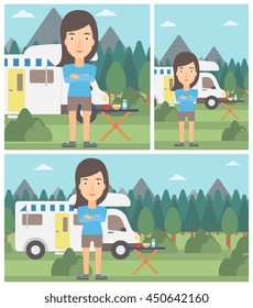 Woman standing in front of motor home. Woman with arms crossed enjoying vacation in camper van. Woman travelling by camper van. Vector flat design illustration. Square, horizontal, vertical layouts.